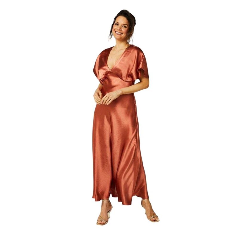 Biba Womens/Ladies Satin Fitted Angel Sleeve Maxi Dress / Rust